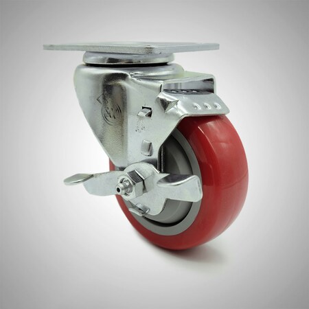 Service Caster 3.5 Inch SS Red Polyurethane Swivel Top Plate Caster with Brake SCC-SS20S3514-PPUB-RED-TLB